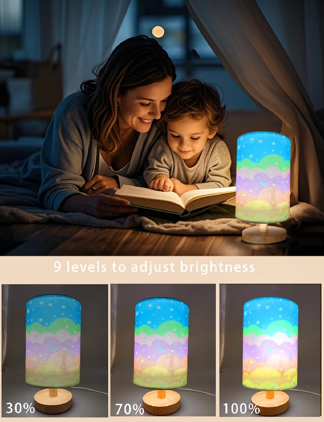 Rainbow Kids Table Lamp with Dimmable Wooden Base and Fabric Shade