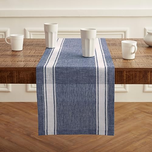 Solino Home Blue Linen Table Runner 14x120 Inches, Country Stripe, Handmade