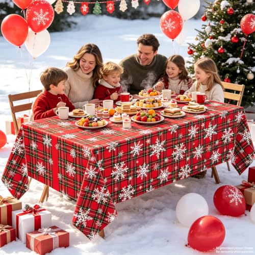 TJYJOY 4 Pack Christmas Tablecloths Red Green Plaid Snowflake Holiday Party Decor 51x86 Inch