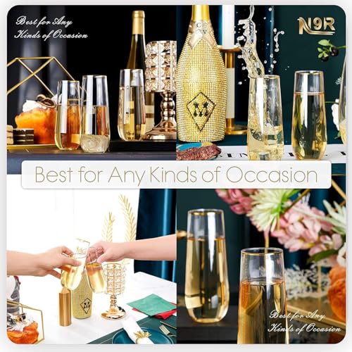 12-Pack Stemless Plastic Champagne Flutes, 9 oz Gold Rim Disposable Cups