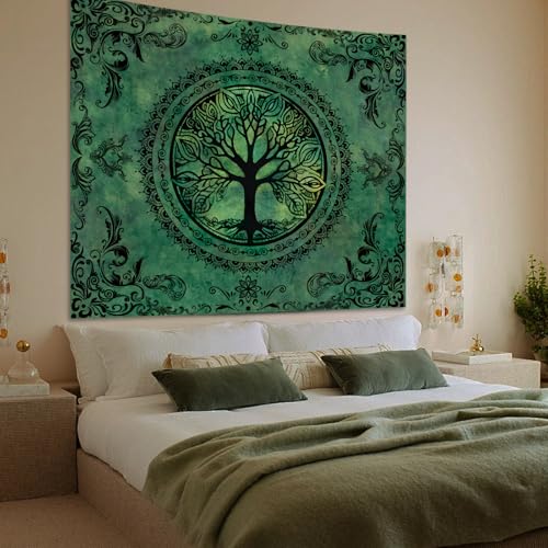 Tree of Life Wall Tapestry - Green Boho Mandala Hanging Decor (51" x 60")