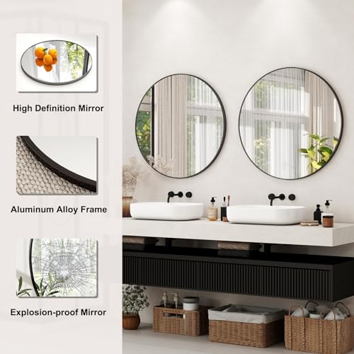 42-Inch Round Bathroom Mirror, Black Metal Wall-Mounted Circle Mirror