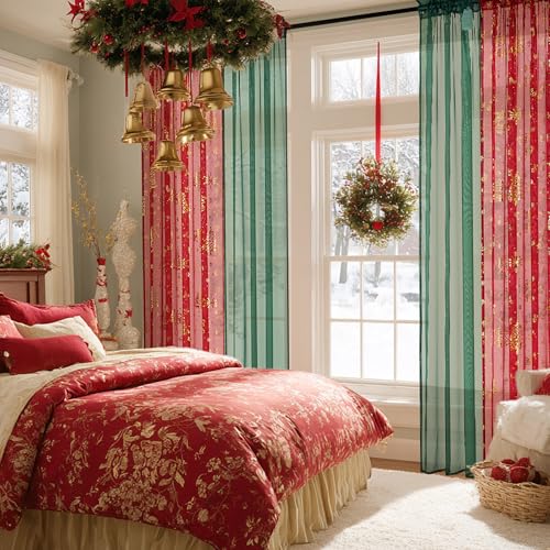 NICETOWN Christmas Window Treatment Set: 2 2984 - Dimension Green Curtains & 2 4084 - Dimension Gold - Embroidered Curtains, Perfect for Festive Season