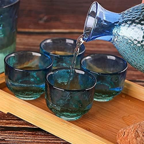 Japanese Sake Set for 4 - Handcrafted Blue Green Gradient Glass Carafe & Cups