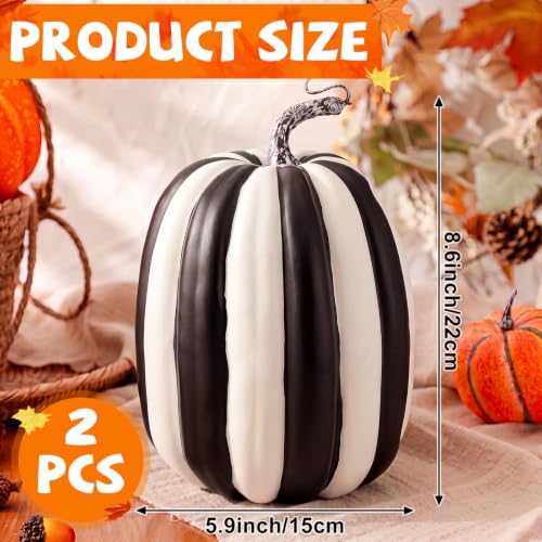 2 Pcs Large Artificial Foam Pumpkins, 8.6-Inch Black and White Striped Decor