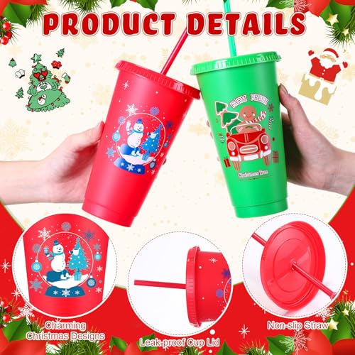 24 Pack Reusable Christmas Tumblers with Lids & Straws, 24oz Holiday Party Cups