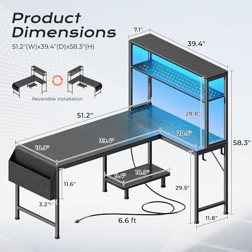 L-Shaped Gaming Desk with LED Lights, Power Outlets, and Pegboard