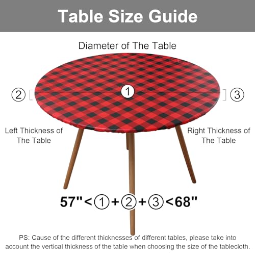 Smiry 57-68 Inch Round Picnic Table Cloth with Flannel Backing, Waterproof Vinyl, Red & Black