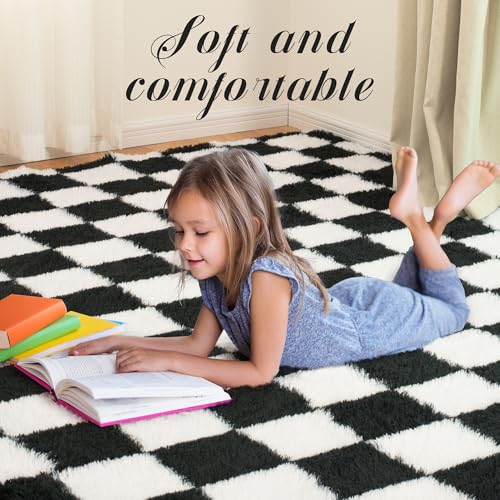 5x7 Ft Checkered Shaggy Area Rug, Soft Fluffy Non-Slip Carpet for Bedroom