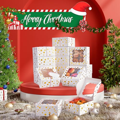 DOYIDE 32Pcs 6x6x3 Inch Christmas Cookie Boxes with Window White Gold - 32 Pack