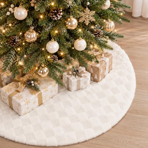 Fanqisi Beige 48 Inch Christmas Tree Skirt Faux Fur Plaid Plush