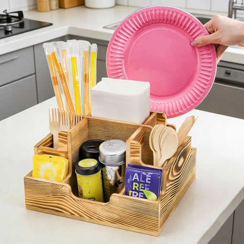 ZAVOOS Paper Plate Dispenser, Wood Rustic Utensil Holder Silverware Caddy for Cups Spoons Forks Napkins, Cutlery Flatware Organizer with 9 Compartments for Party, Kitchen Countertop, Camping, Buffet