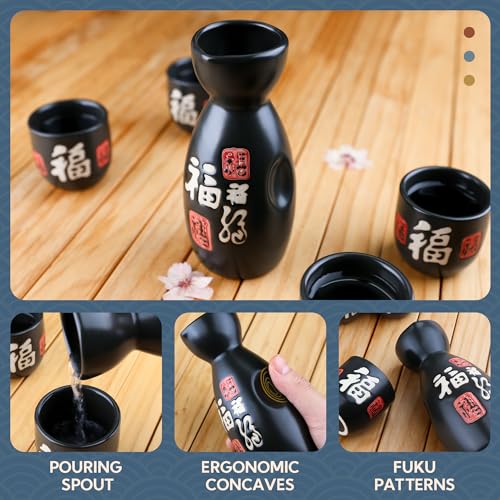 PUNNIO Ceramic Sake Set - 4 Cups & Carafe, Traditional Japanese Drinkware