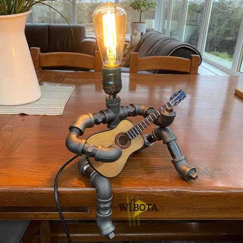 Silver-Gray Steampunk Guitar Pipe Robot Table Lamp with Wooden Guitar & Edison Bulb – Adjustable Industrial Water Pipe Desk Lamp – Music Lovers Gift
