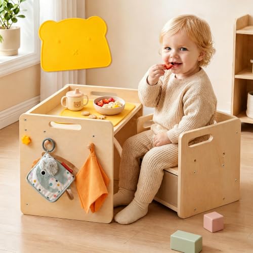 Montessori Log Toddler Table & Chair Set with Storage, Adjustable, Baby Furniture Gift