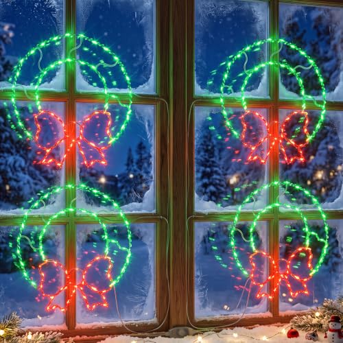 Glooglitter 4 Pcs Christmas Window Silhouette Lights with Bottom Bow, 13.5in, 80 LEDs, USB Powered, 8 Modes & Remote Control