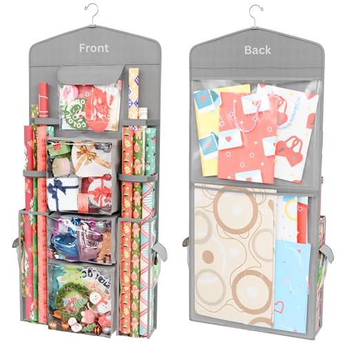 Hanging Double-Sided Gift Wrapping Paper Organizer with Pockets Grey