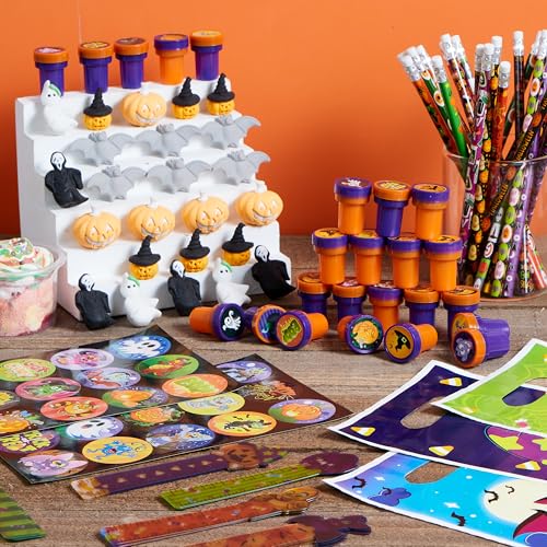 JOYIN 144 Pieces 24 Pack Assorted Halloween Themed Stationery Kids Gift Set Trick Treat Prize Party Favor Toy Including Halloween Pencils, Rulers, Stickers, Stamps and Erasers in Trick or Treat Bags