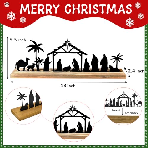 Metal Nativity Scene Tabletop Decoration with Wooden Base