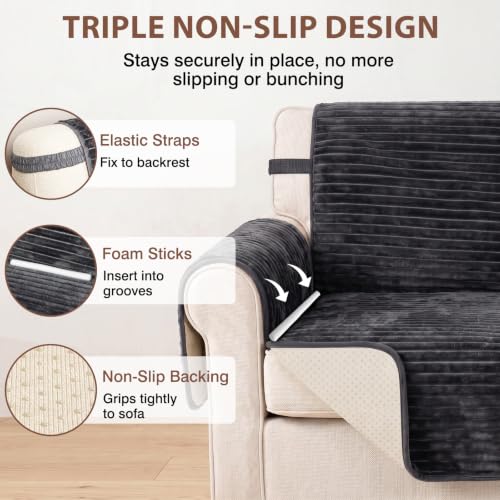 Waterproof Flannel Loveseat Couch Cover - Non-Slip, Washable Pet Protector (Medium, Dark Grey)