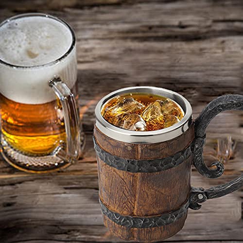 Vintage Wooden Barrel Beer Mug with Stainless Steel Liner - 18 oz Tankard