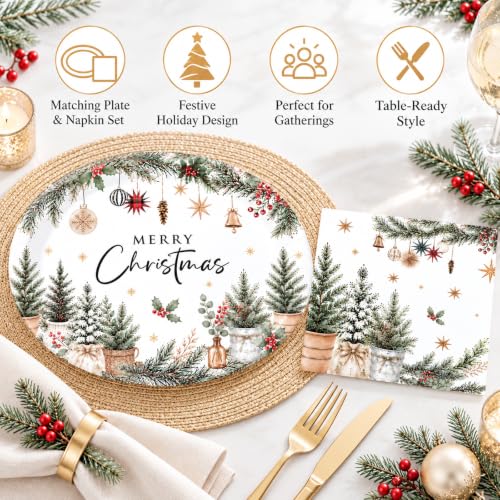 Xmas 50-Piece Oval Plates & Napkins Set, 12" Dinner Plates + 6.5" Napkins, Boho Christmas Tree Design, Recyclable