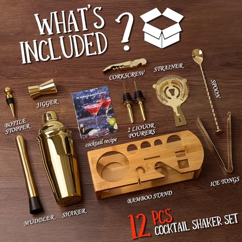 Wukuna 12-Piece Cocktail Shaker Set with Bamboo Stand - Bartender Kit for Home Bar