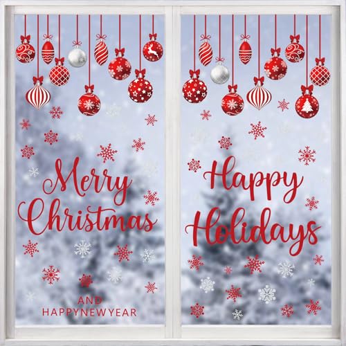 COCHIE Red Merry Christmas Window Clings Set (6 Sheets) Xmas Ball Double-Sided Decoration - XMAS