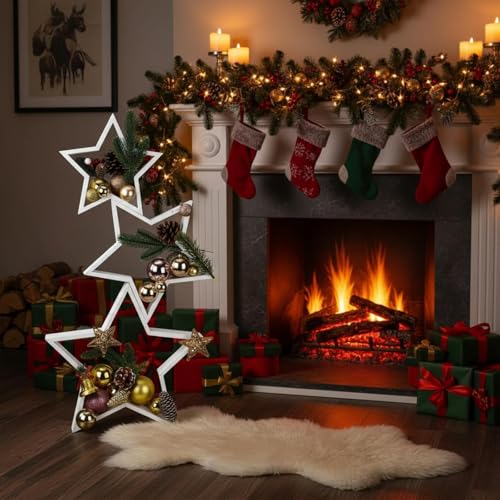 3 Pack Wooden Star Christmas Decor with LED Lights - Rustic Farmhouse Style