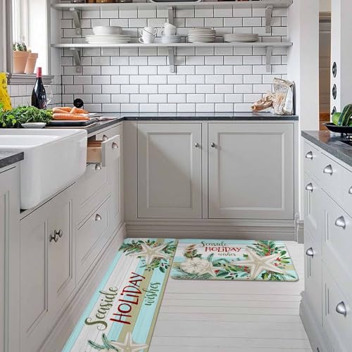 Carosoffe Coastal Christmas Kitchen Rugs 2 Pack, Non-Slip Absorbent Mat Set, 18x30 & 18x47 Inches, Seaside Holiday Decor