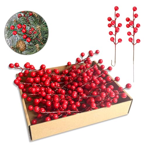 35-Pack 9in Red Berry Christmas Tree Decor Stems – Faux Berries for DIY Christmas Crafts