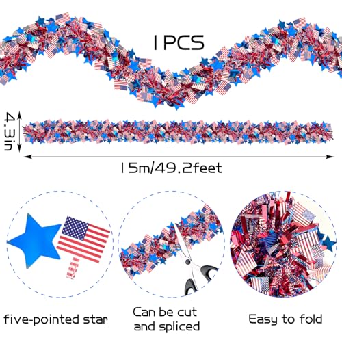 50ft Patriotic Red White & Blue Metallic Tinsel Garland with Stars