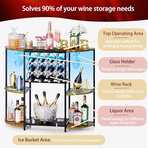 3-Tier Wine Bar Cabinet with Smart LED Lights & Glass Holder - Black