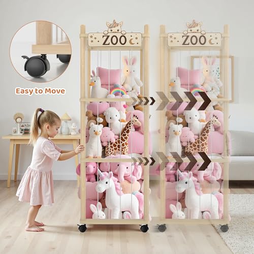 56-Inch Wooden Stuffed Animal Storage Zoo Tower - Mobile Toy Organizer