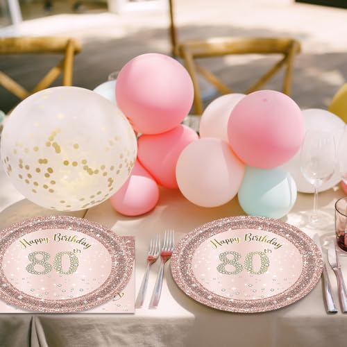 80th Birthday Decorations Rose Gold Party Supplies - 20 Plates & Napkins - Girl Women