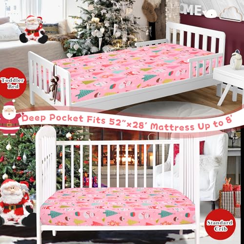Cloele Pink Santa Snowman Christmas Crib Sheet 52x28in - Fitted Crib Mattress