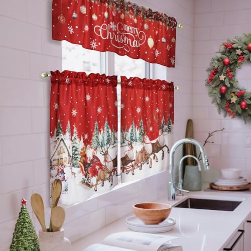 WeFrea Red Christmas 3-Piece Kitchen Curtain Set 27.5"W x 36"L Snowflake Trees Valance 54"W x 18"