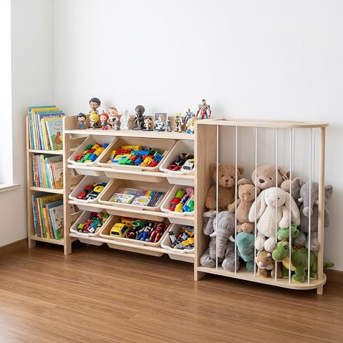 4-in-1 Kids Toy Storage Organizer with Bookcase and Plushie Zoo