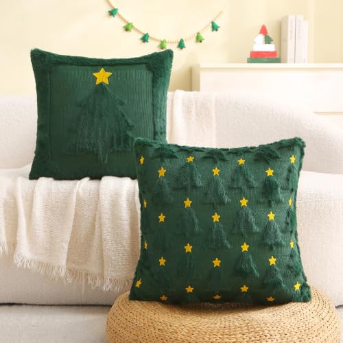 Aolime B Christmas Pillow Covers 18x18 inch Set of 2 Dark Green Embroidered Holiday Decor