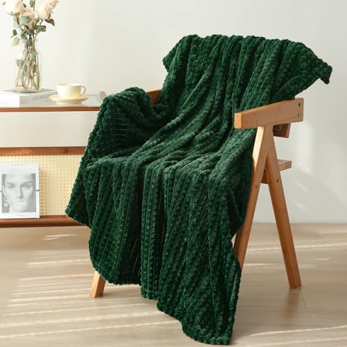 Dark Green Flannel Fleece Throw Blanket, 50"x60" Soft Square Grid Design