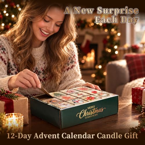 Everloria Christmas Hollow Pattern Candle Countdown Set - 12 Scented Soy Candles with Festive Designs