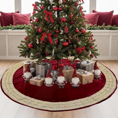 CYAOOI 60 Inch Red Velvet Christmas Tree Skirt with Gold Glitter Trim for 7.5-9 ft Trees