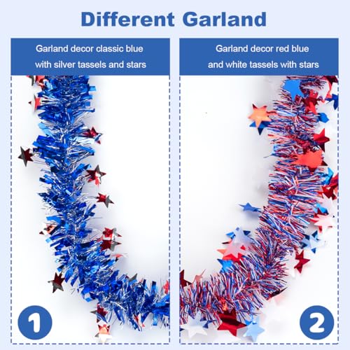 Red White Blue Star Tinsel Garland - 32.8ft Patriotic 4th of July Decor (2 Pack)