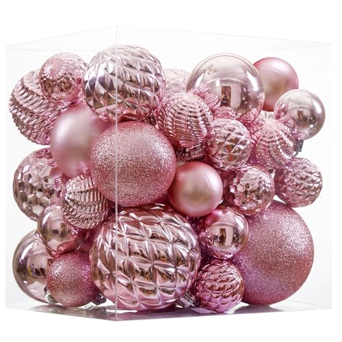 Jorysics Pink 36pc Shatterproof Christmas Ball Ornaments with Hanging Loop – 6 Styles in 3 Sizes