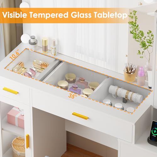 49.2" Large Glass Top Vanity Desk with Lighted Mirror and Stool