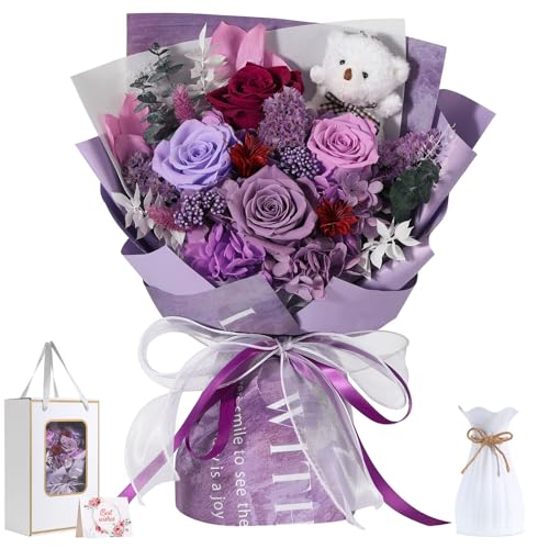 Preserved Purple Rose Bouquet with Bear in Gift Box - Eternal Floral Gift