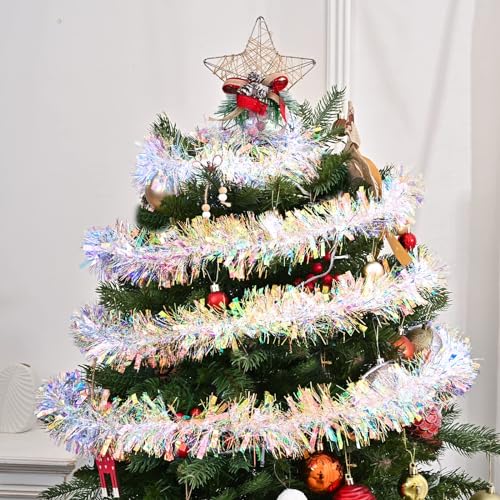 GlyinnHe 33FT Iridescent White Christmas Tinsel Garland for Holiday Decor