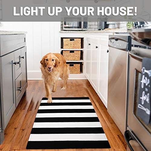 Black and White Striped Door Mat 27.5 x 43 Inch Washable Cotton Rug
