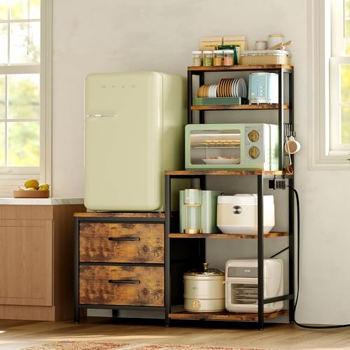 Mini Fridge Stand with Power Outlet, Coffee Bar Cabinet & Storage Shelves