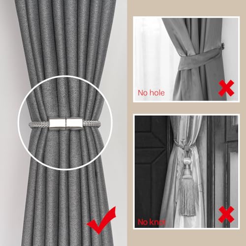 Magnetic Curtain Tiebacks, 2-Pack Hand-Woven Rope Holdbacks - Silver Grey